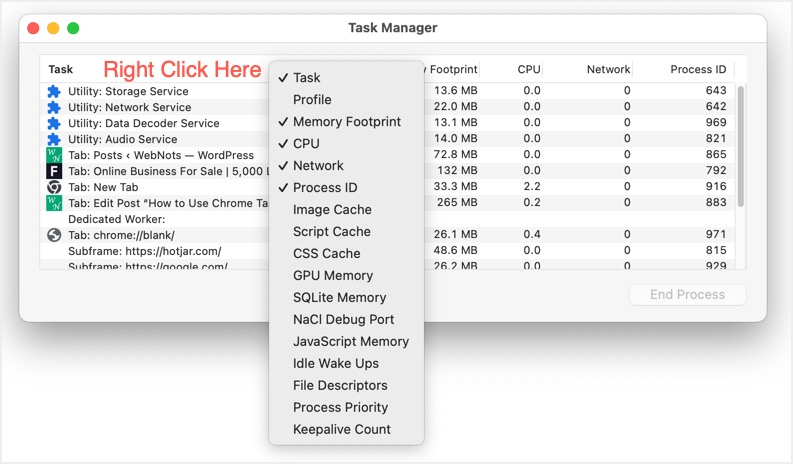 为 Chrome 任务管理器选择列