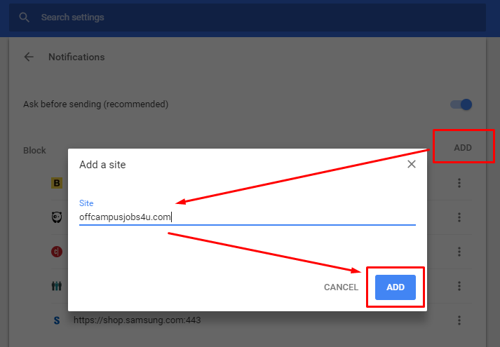 阻止特定站点以获取通知