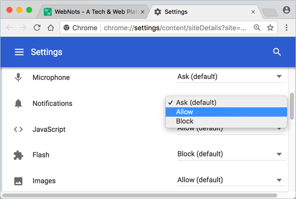 允许或阻止来自特定站点的通知