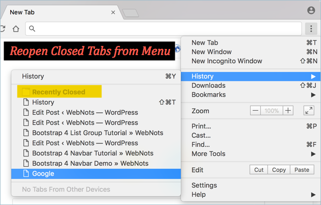从 Chrome 设置菜单重新打开关闭的标签页