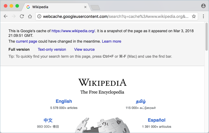 从 Chrome 地址查看缓存页面