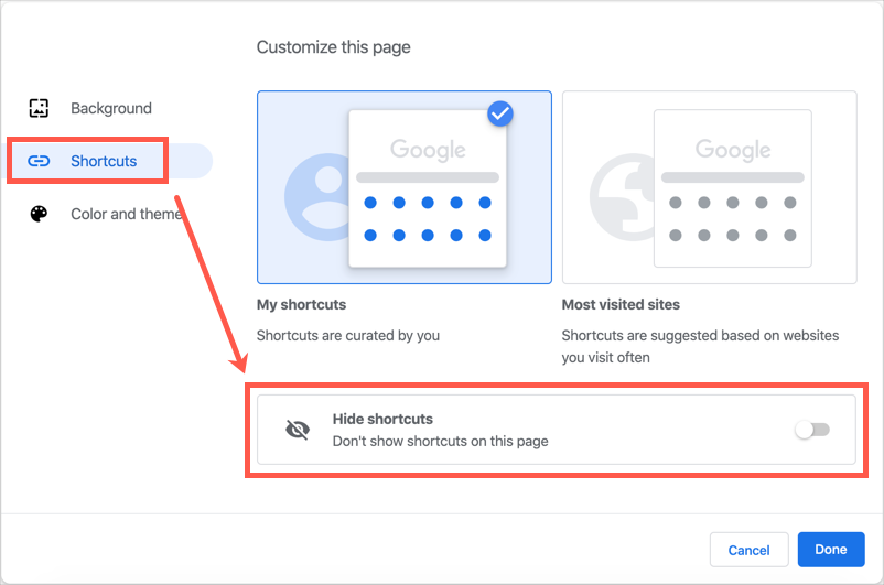 在新标签页中禁用快捷方式