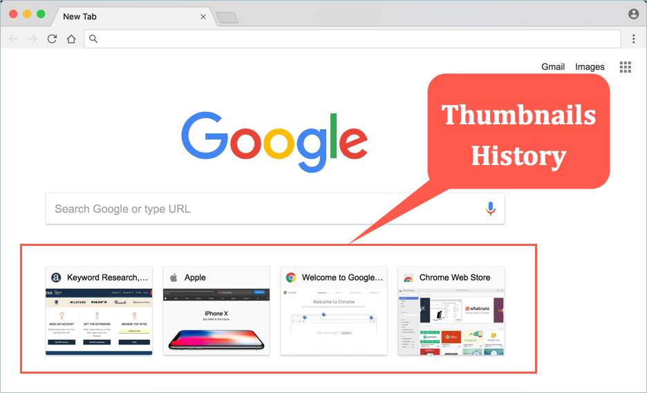 新标签页上的 Google Chrome 缩略图历史记录