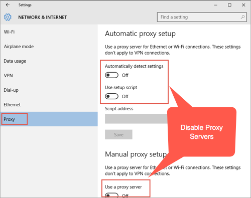 在 Windows 10 中禁用代理服务器