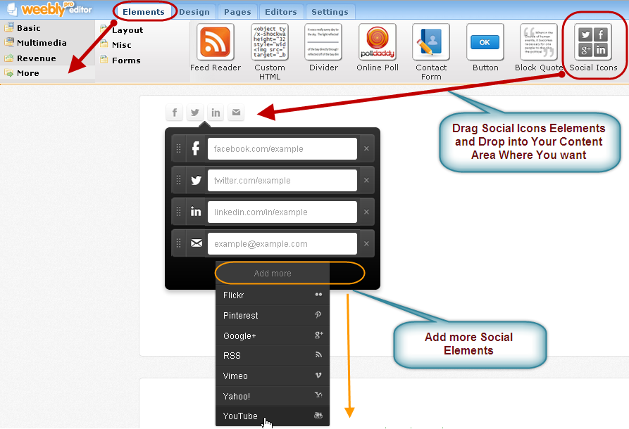 在 Weebly 网站内容中启用社交元素