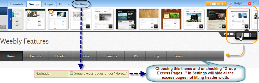 选择正确的主题以隐藏导航中多余的 Weebly 页面