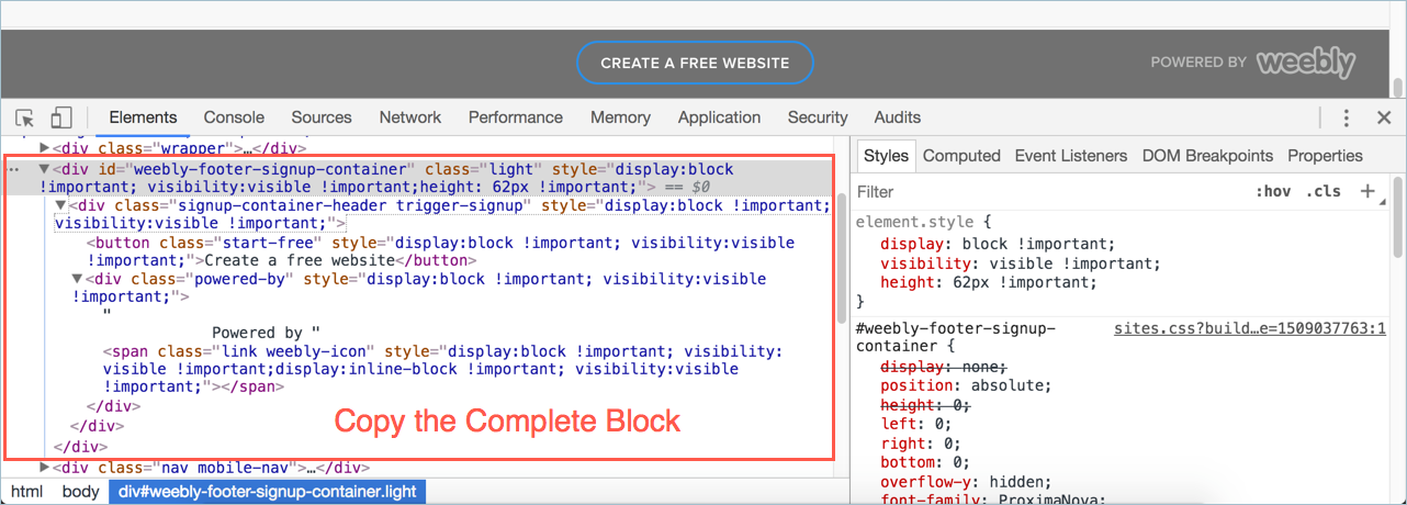 复制 Weebly 页脚注册容器 HTML 代码
