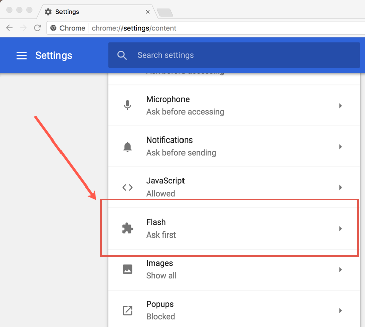 在 Chrome 中打开 Flash 设置