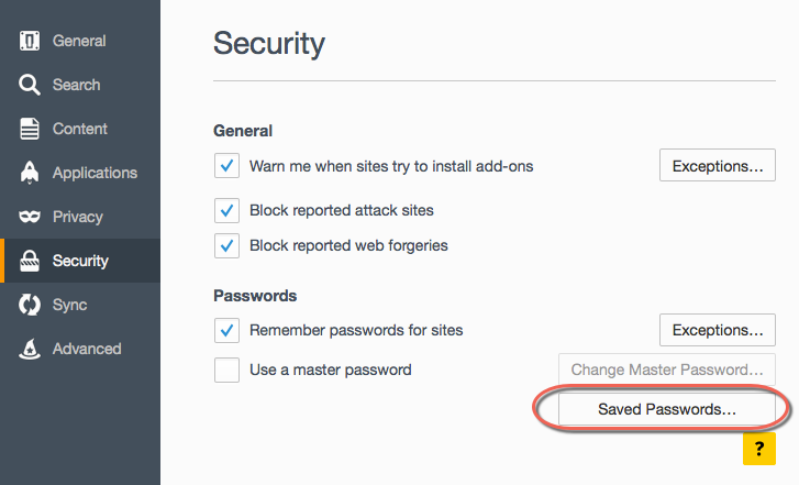 Firefox 中的密码选项
