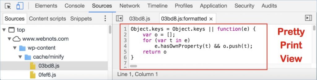 查看 CSS 和脚本的漂亮打印视图