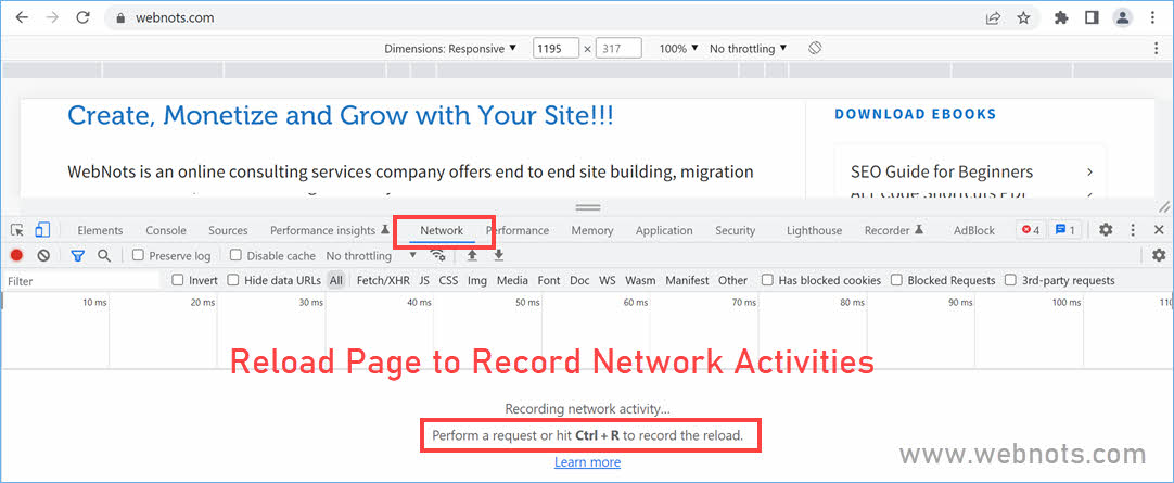 打开网络选项卡并重新加载网页