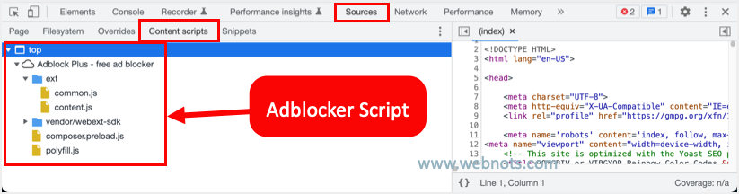 检查 Chrome 源选项卡中的内容脚本