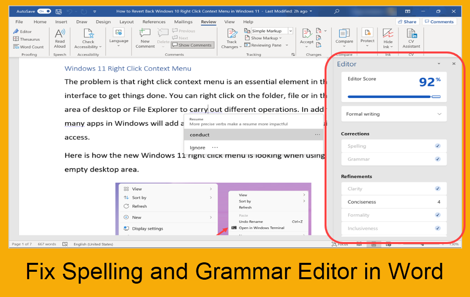 Fix Spelling and Grammar Editor in Word