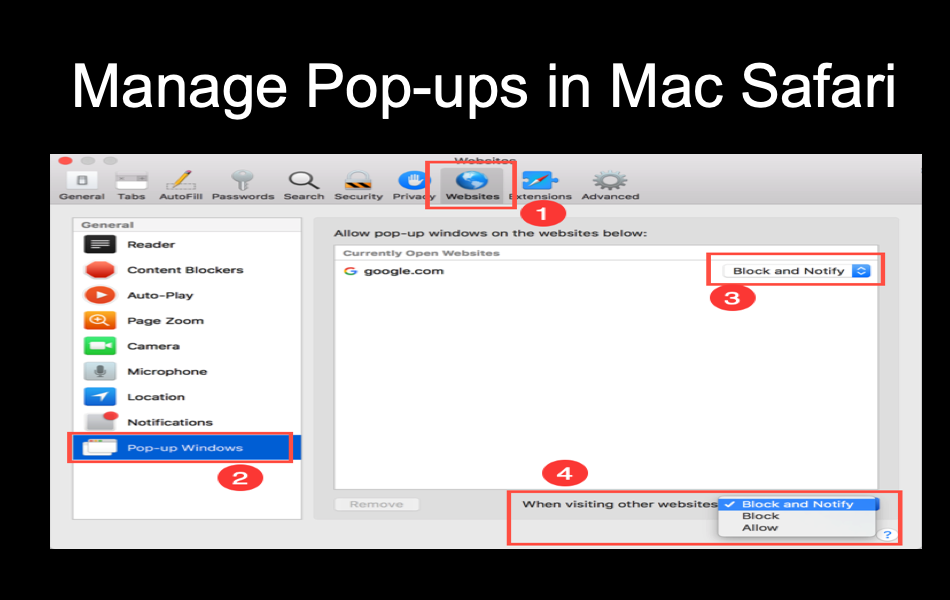 Manage Pop ups in Mac Safari