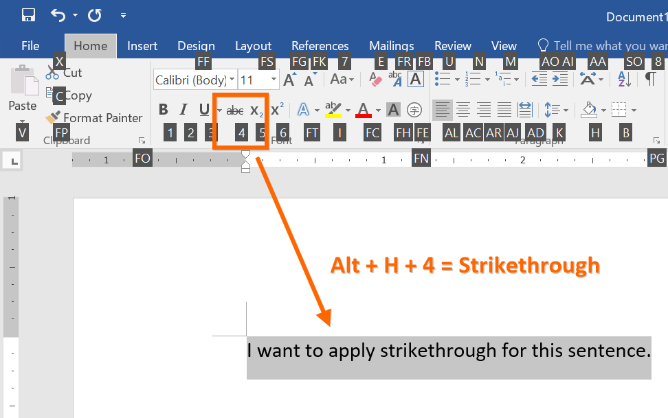 Word 中的 Alt H 4 删除线快捷方式