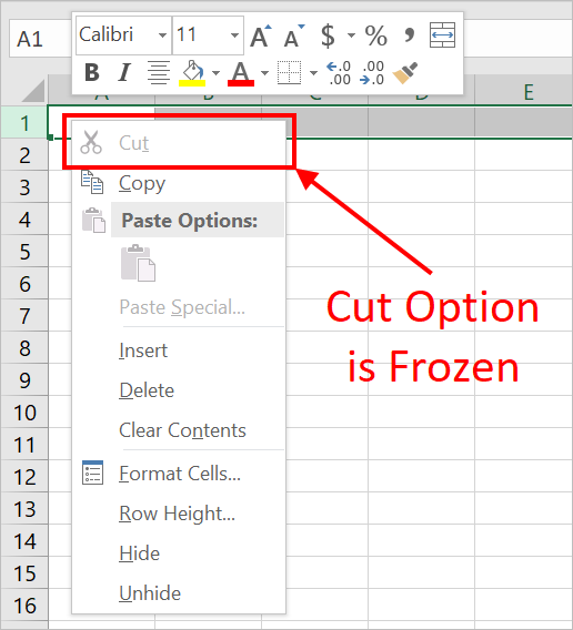 Excel上下文菜单中的剪切选项冻结