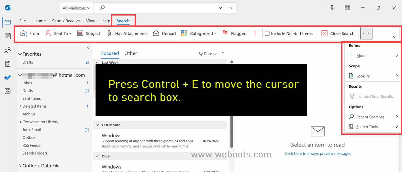 在 Outlook 中使用搜索菜单