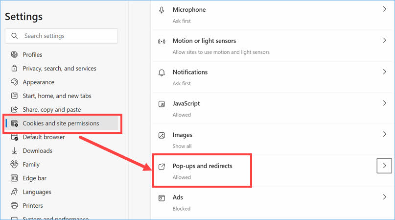 Edge 中的弹出窗口和重定向设置
