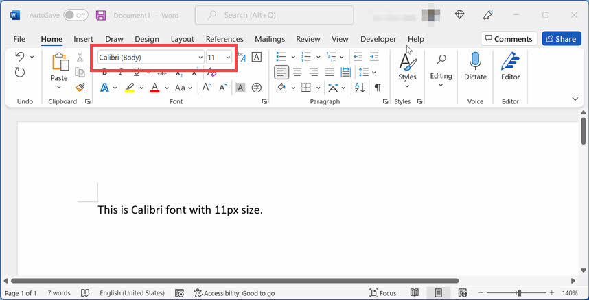 Word Windows 中的默认字体设置