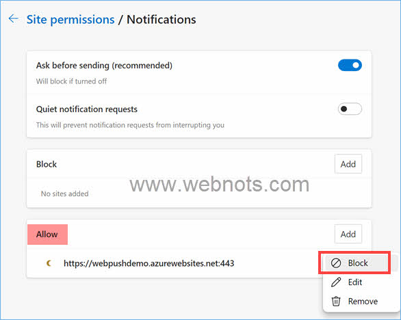 阻止允许站点的推送通知