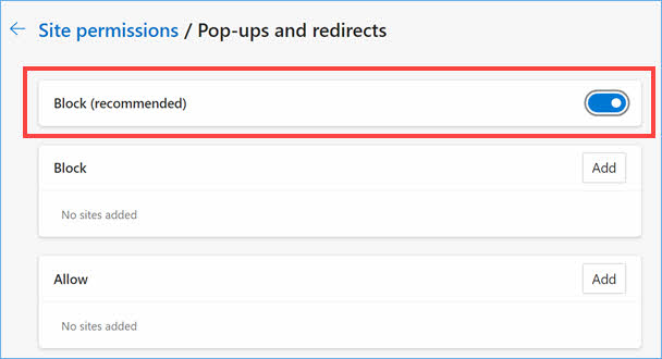 在 Edge 中阻止弹出窗口和重定向