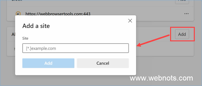 在 Edge 中添加阻止弹出窗口的站点