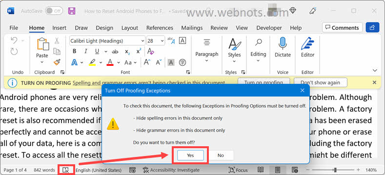 从状态栏图标启用 Word 校对