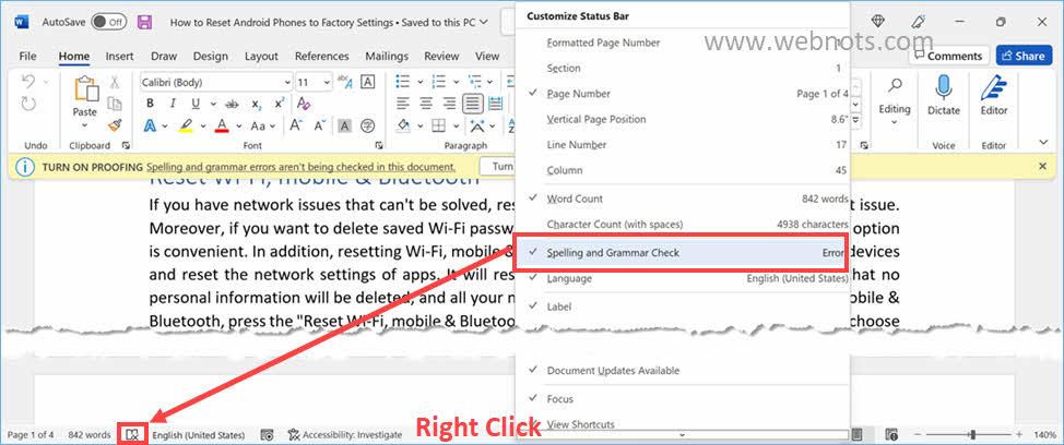 在 Word 状态栏中启用校对错误图标
