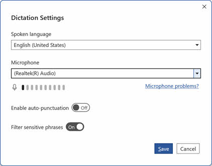 在 Word Windows 中配置听写设置