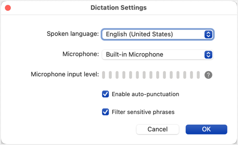 在 Word for Mac 中配置听写设置