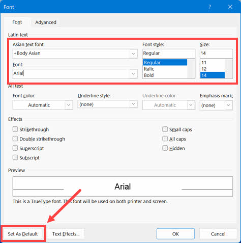 在 Word Windows 中更改字体大小和样式