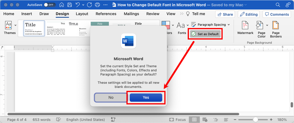 在 Word for Mac 中使用主题更改默认字体