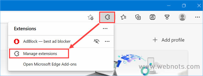 在 Edge 中打开管理扩展页面