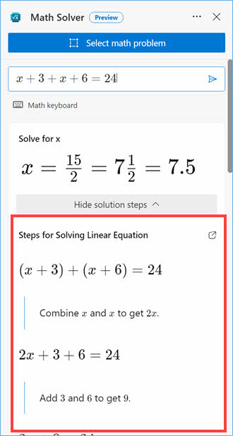 查看在 Edge 中求解数学方程的步骤