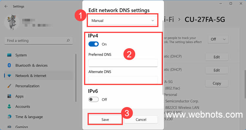 在 Windows 11 中输入 IPv4 公共 DNS
