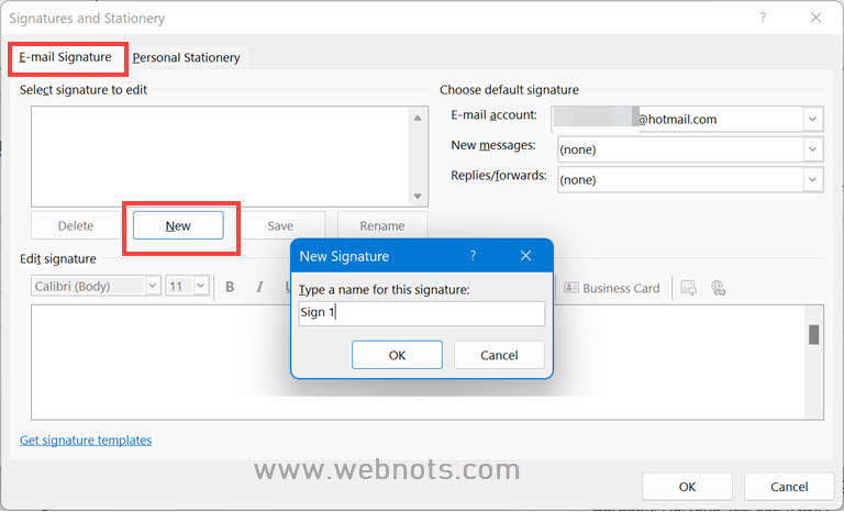 输入电子邮件签名名称