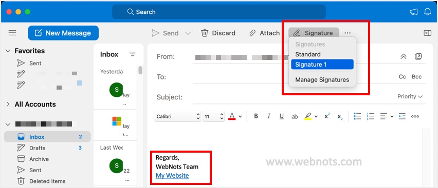 在 Outlooks Mac 中插入创建的签名