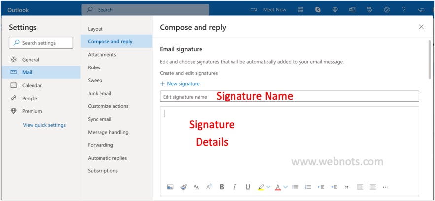 在 Outlook Online 中创建新的电子邮件签名