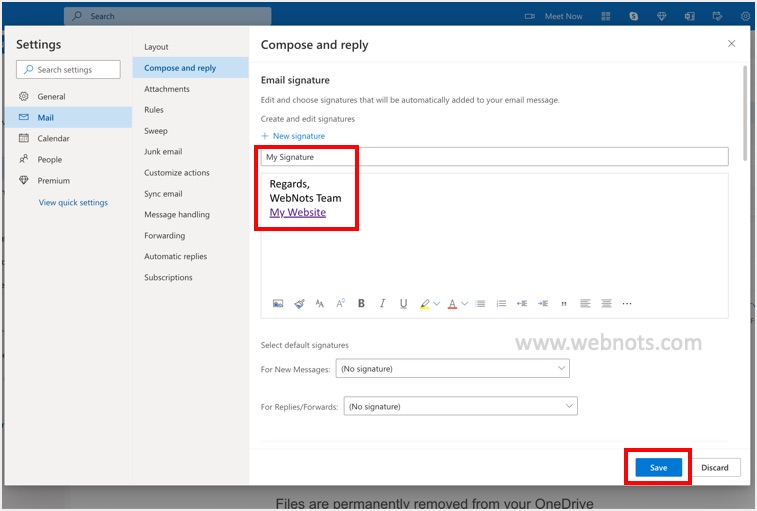 在 Outlook Online 中保存新签名