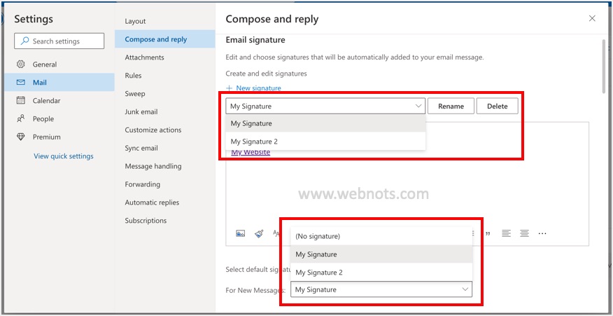 在 Outlook Online 中编辑和分配默认签名
