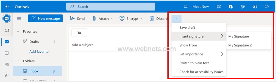 从顶部插入签名更多选项