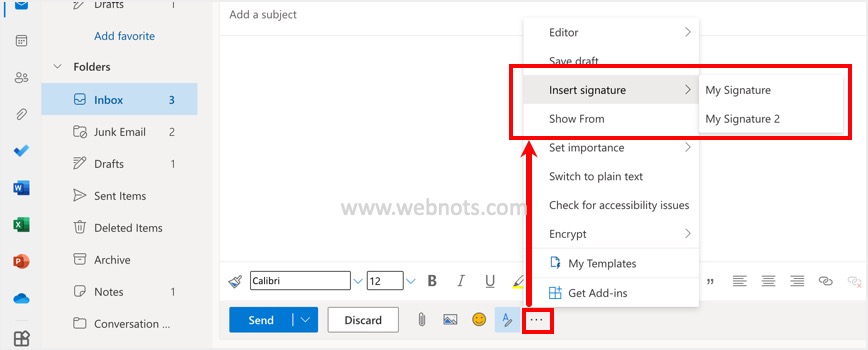 从底部插入签名更多选项