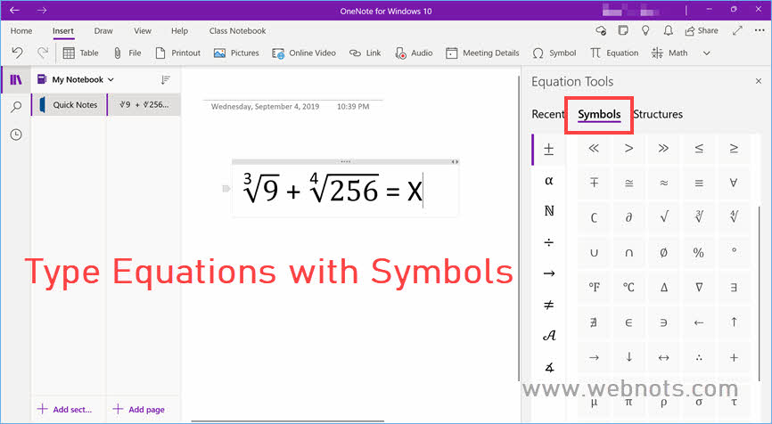 在 OneNote 中键入带符号的方程式