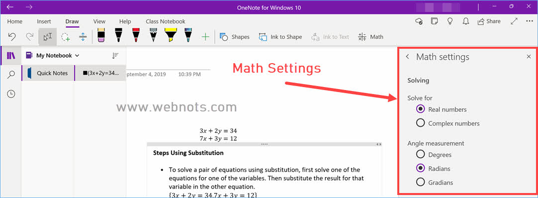 OneNote 中的数学助手设置