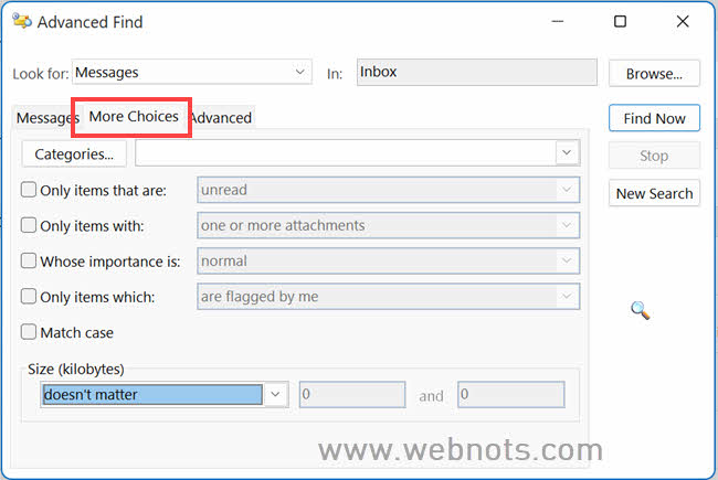 在 Outlook 高级查找中使用更多选项