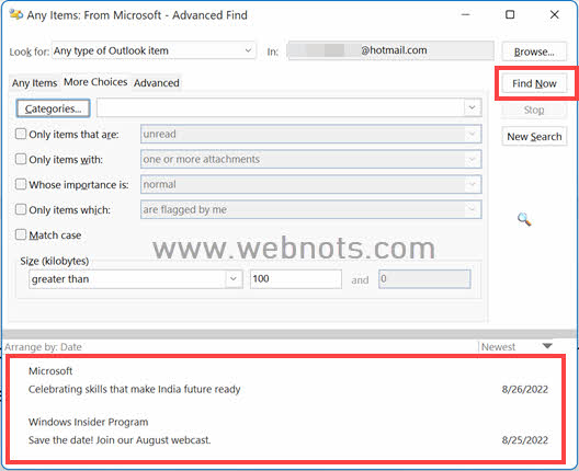 Outlook 高级查找中的搜索结果