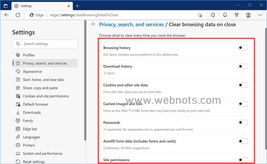 清除 Edge 中历史记录的浏览数据的选项
