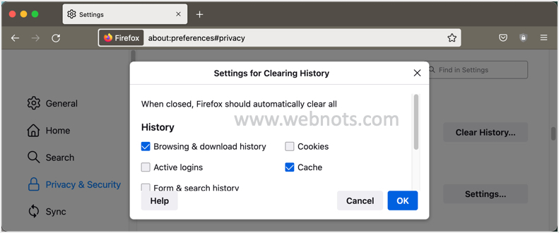 在 Firefox 中选择自动删除选项