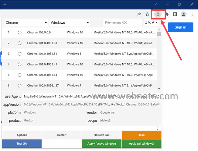 查看用户代理列表以供选择