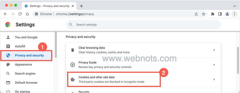 在 Chrome 中打开 Cookie 和站点数据设置